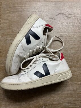 Veja White Sneakers with Red Heel and Navy Logo